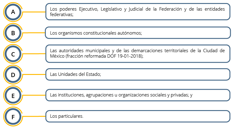 Los poderes Ejecutivo, Legislativo y Judicial de la Federación y de las entidades federativas; los organismos constitucionales autónomos; las autoridades municipales; las Unidades del Estado; las instituciones, agrupaciones u organizaciones sociales y privadas, y los particulares