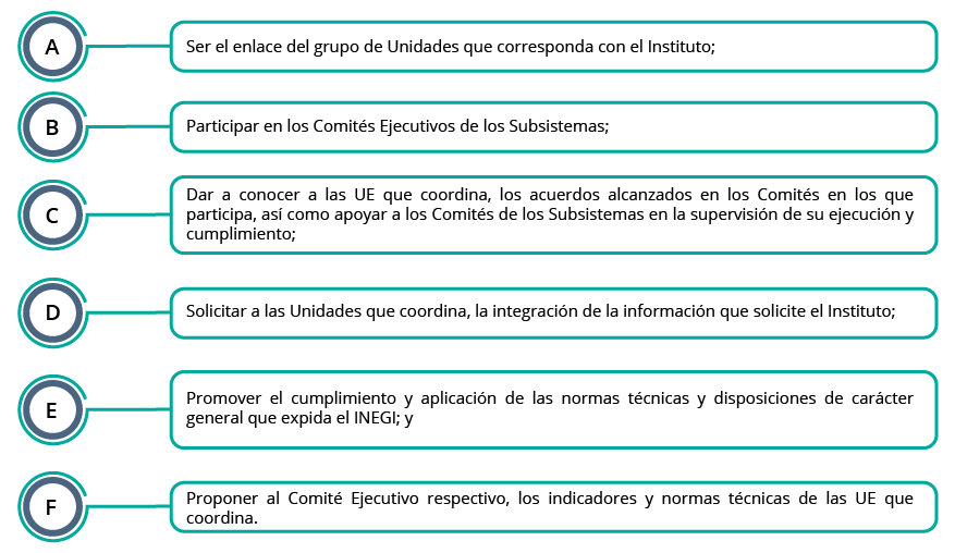 Son responsabilidades del Coordinador: ser enlace, participar en los Comités Ejecutivos; dar a conocer los acuerdos; solicitar la integración de información; promover las normas técnicas; y proponer indicadores y normas técnicas